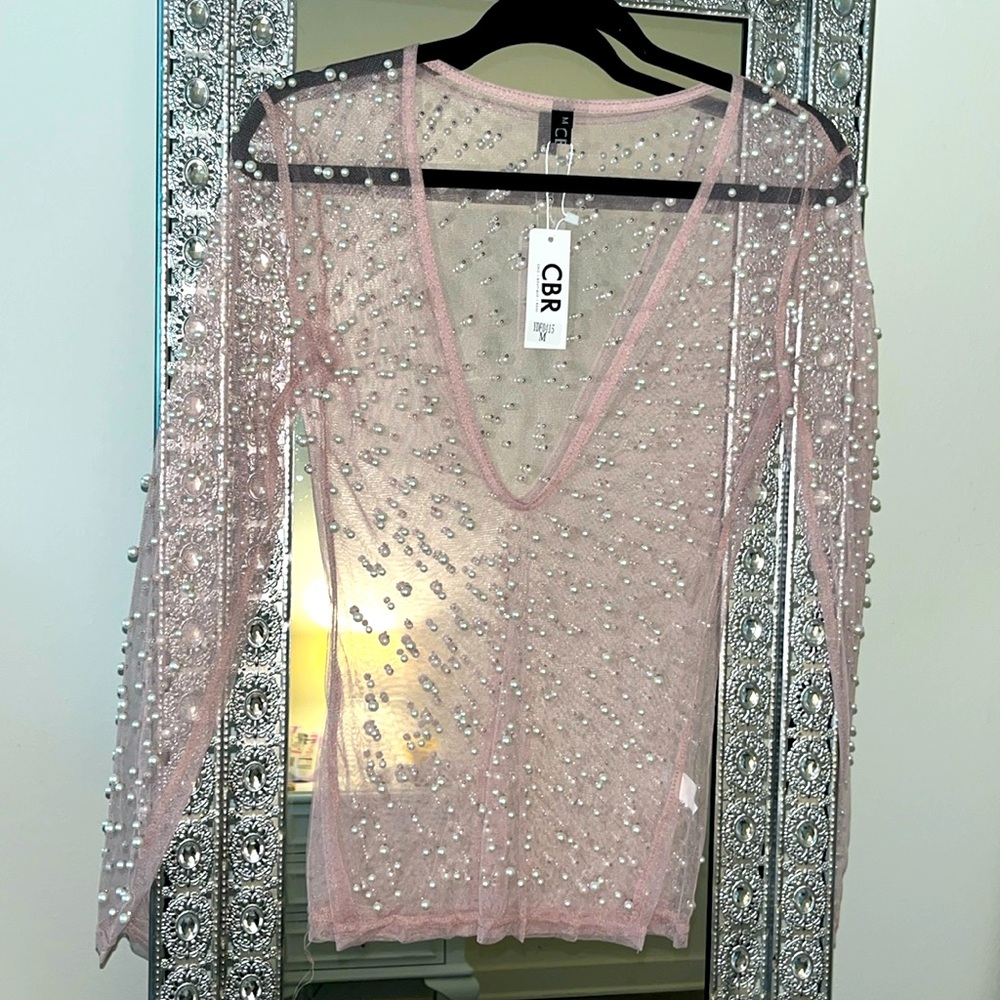BEAUTIFUL BEADED SHEER BLUSH COLORED TOP, NEVER WORN!
